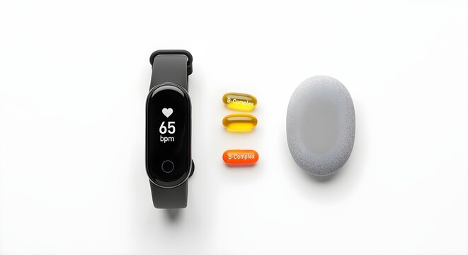 A minimalist flat lay: a sleek fitness tracker showing a calm heart rate, next to two B-complex vitamins and a small, serene zen stone. All on white.