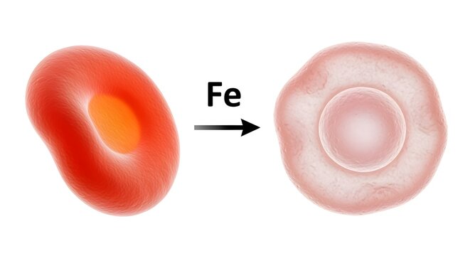 A powerful side-by-side visual: a vibrant, healthy red blood cell on one side, and a pale, weak one on the other, with an 'Fe' arrow pointing to the healthy one. Isolated on white.