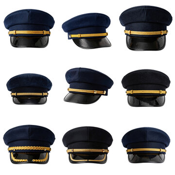 Collection of different pilot hats with golden trim on a black background