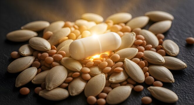 A clearer, modern reinterpretation of a pile of pumpkin seeds and a few lentils, with a single zinc capsule that glows with a protective, golden light, styled for visual appeal.