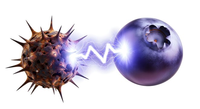 A powerful visual of a vibrant, colorful berry (like an acai or blueberry) 'zapping' a rusty, spiked free radical particle with a bolt of energy. On white.