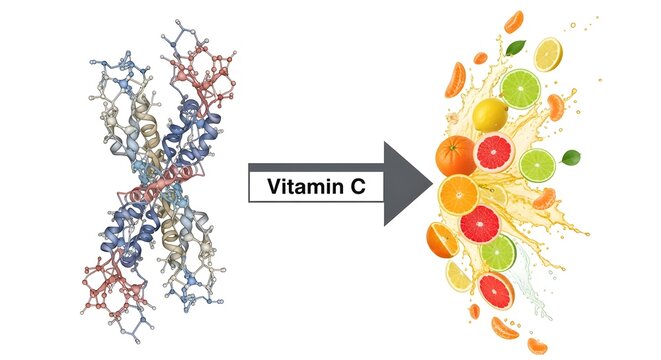 A clearer, modern reinterpretation of a side-by-side comparison: a molecular structure of collagen strands on one side, and a burst of citrus fruits on the other, connected by a 'Vitamin C' arrow
