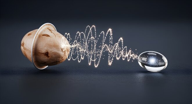 A single chicory root coffee pod with tiny, glowing particles (prebiotics) traveling from it towards a probiotic capsule.