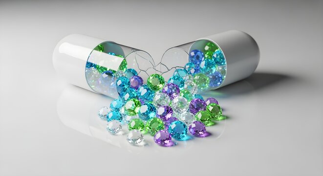 A clearer, modern reinterpretation of a single, high-quality probiotic capsule opened, with a pile of glowing, gem-like 'good bacteria' spilling out onto a white surface, styled for visual appeal.