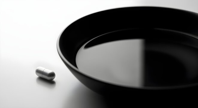 A clearer, modern reinterpretation of a single magnesium capsule lying next to a serene, still water surface in a dark bowl, symbolizing calm. Pure white background, styled for visual appeal.