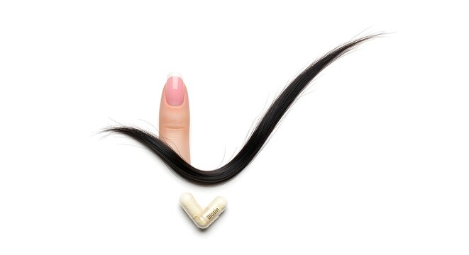 A single, perfect strand of hair and a pristine fingernail, arranged in a checkmark shape, with a Biotin (B7) capsule at the base. Clean, clinical white background.
