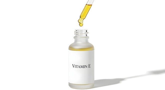 A clearer, modern reinterpretation of a single, sleek skincare serum bottle with a 'Vitamin E' label. A golden drop of oil is suspended mid-drip from the dropper, glowing. Isolated on white, styled
