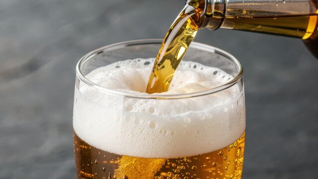 golden lager beer pour into crystal clear glass with foamy head on dark slate background for advertising