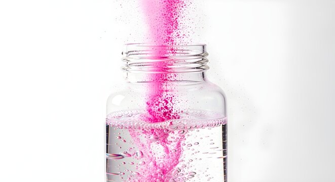 A sleek, modern water bottle with electrolyte drink mix powder cascading into it, creating a colorful fizz. Dynamic shot on white.