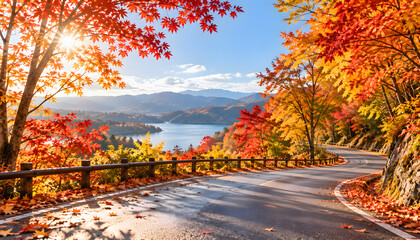 Fototapeta premium 鮮やかな紅葉と湖を望む秋の山間のドライブロード