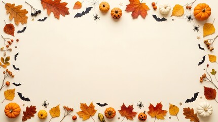Fototapeta premium An overhead view of a decorative frame made with orange and yellow fall leaves small pumpkins black bats and plastic spiders against a neutral surface