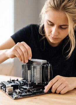 Young woman installs a component on a computer motherboard at a desk, using a screwdriver. Technology repair and DIY assembly concept.