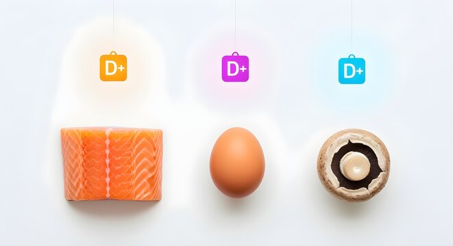 A top-down flat lay of a salmon fillet, a whole egg, and a mushroom, each with a small, glowing 'D+' icon above them. Neatly arranged on a white surface.