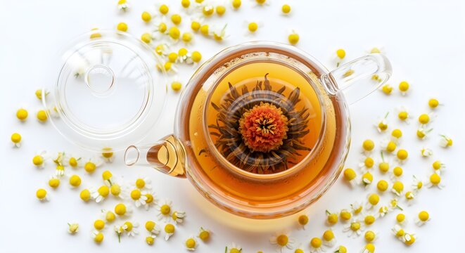 A clearer, modern reinterpretation of a top-down view of a clear glass teapot with a flowering tea ball unfurling, surrounded by loose leaf chamomile flowers on a white surface, styled for visual