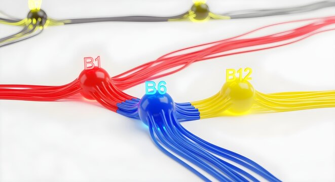 A clearer, modern reinterpretation of an abstract 3D rendering of a glowing neural network, where the connections are made of different colored strands, each labeled B1, B6, B12. On a white backdrop