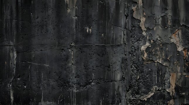 Close up view of a deteriorating black surface  featuring layered textures  flaking material  and vertical streaks indicating exposure to elements or neglect