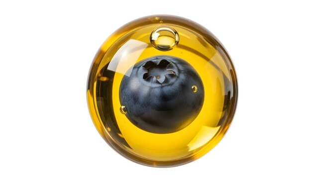 An abstract concept: a single, pristine blueberry floating serenely inside a transparent, golden bubble of Vitamin E oil, protecting it from the white void around it.