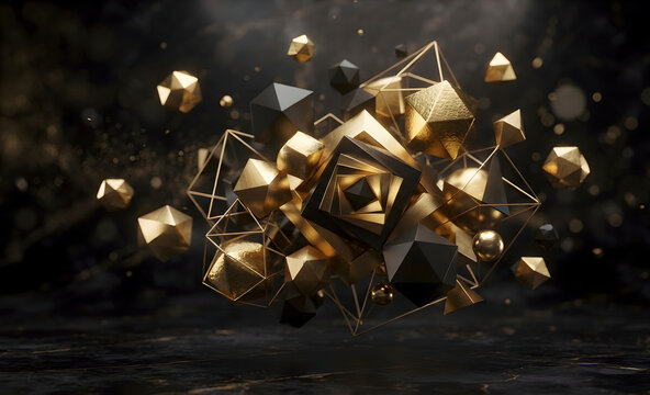 Luxury Abstract 3D Geometric Composition with Floating Golden and Black Polyhedral Shapes and Metallic Wireframe Elements on Dark Background