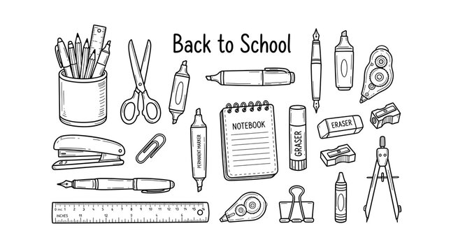 Hand drawn school and office supplies doodle icon set vector illustration