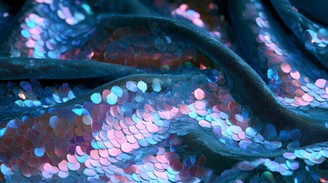 Close-up of shimmering blue and pink iridescent sequins on draped fabric for fashion background