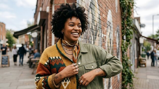 A cheerful woman with an afro hairstyle is standing on a city sidewalk beside a red brick building covered in graffiti art