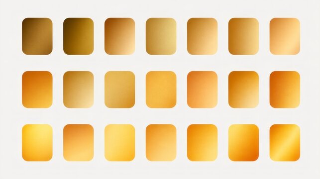 Collection of gold metallic gradients swatches for design projects. Set of various golden textures and color palettes on white background.