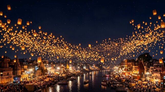 A vibrant nighttime scene where numerous floating lanterns illuminate the dark sky over a bustling riverside filled with people  boats  and lit architecture
