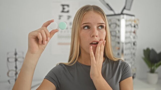 Young woman holding a contact lens case up, hand to lips covering mouth, eyeglasses display and eye chart visible in building optician office; surprise uncertainty.