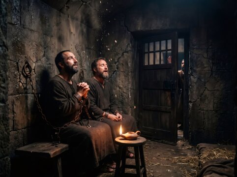 Apostle Paul and Silas praying in prison cell