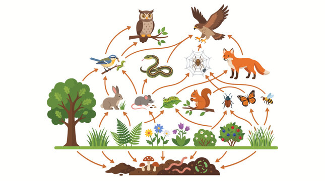 Scientific ecosystem food web illustration showing biological interactions between animals plants and decomposers in forest nature environment diagram