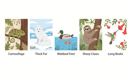 Obraz premium Animal body coverings and physical adaptations illustration set featuring wildlife survival traits in natural habitats