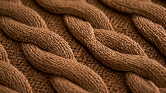 Close-up of brown cable-knit wool fabric texture for cozy winter sweater background