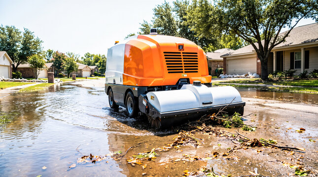 Autonomous street sweeper vehicle cleaning fallen tree branches leaves standing water puddle on flooded suburban neighborhood road asphalt residential driveway