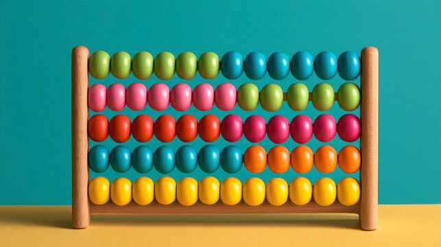Colorful wooden abacus toy for learning math on a vibrant blue and yellow background