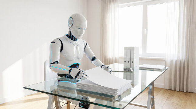 humanoid robot sitting at glass desk examining paper documents beside file folders inside bright modern office room near large sunny window
