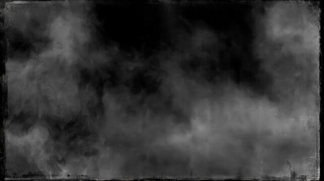 Dark Atmospheric Smoke and Fog Texture with Vintage Grunge Border on Black Background