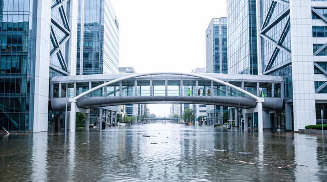 Pedestrians walking inside enclosed glass skybridge crossing above flooded city street between modern commercial office buildings after heavy rain storm disaster