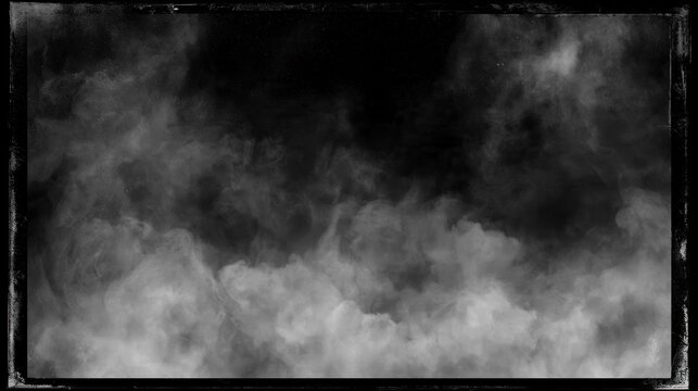Atmospheric Black and White Smoke with Vintage Film Frame Border and Distressed Texture Overlay