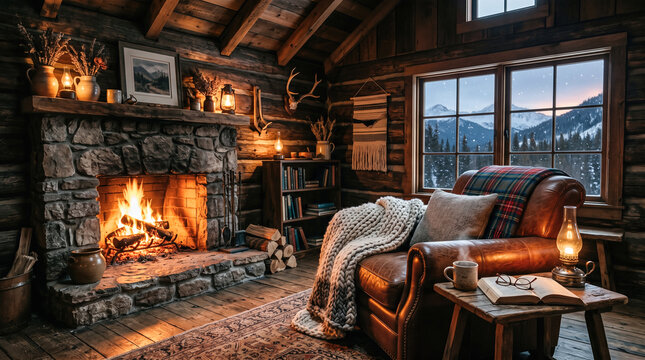 Cozy rustic log cabin interior with lit stone fireplace leather armchair warm wool blanket and window overlooking snowy mountain scenery outside