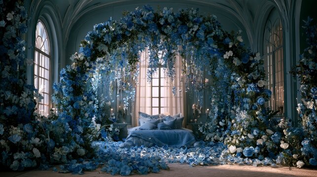 Luxurious Dreamlike Bedroom Decorated with Stunning Blue Floral Arch and Scattered Petals