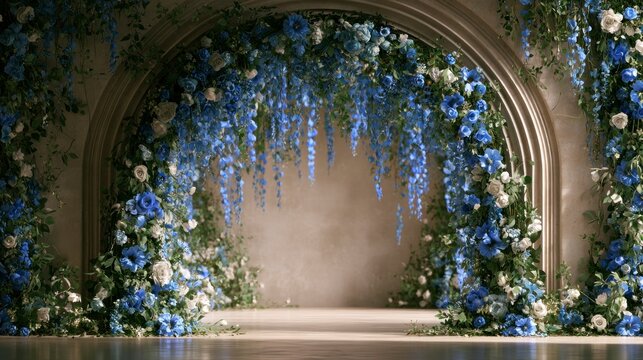 Elegant Floral Archway with Blue and White Roses and Hanging Wisteria for Wedding Decor Backdrop
