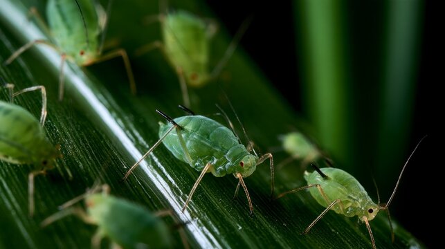 Macro shot of green aphids infestation on a bright green plant leaf