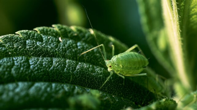 Macro Shot of a Green Aphid Pest on a Textured Plant Leaf
