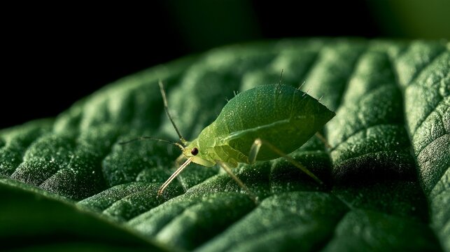 Detailed Macro Shot of a Small Green Aphid Insect on a Textured Green Leaf