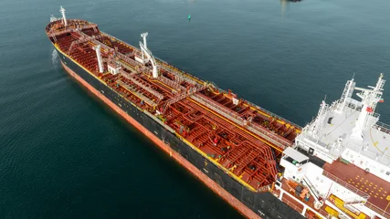 Aerial view of big oil, chemical tanker sails. Tanker ship logistic and transportation business oil and gas industry. © dechevm
