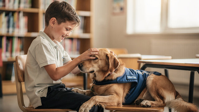 Certified therapy dog resting head on smiling schoolboy lap in library background banner.