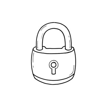 Padlock with keyhole black ink outline sketch isolated on transparent background for security concept art or protection safety design element graphics projects.