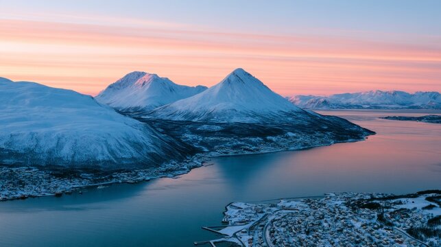 Aerial view of a snowy coastal town nestled between majestic mountains and a fjord under a vibrant pink sunset in Norway
