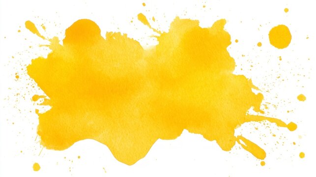 Vibrant Yellow Watercolor Splash with Paint Splatters on White Background
