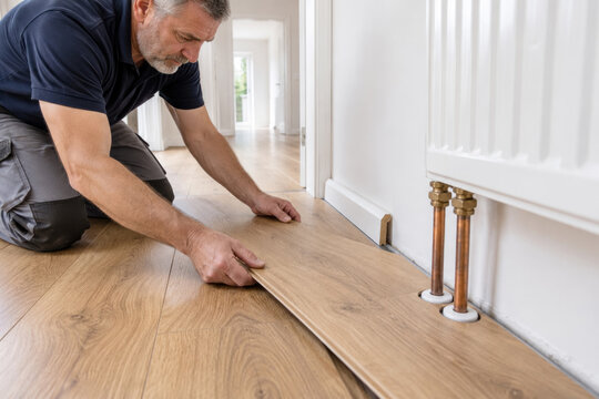Adult man installs a wood-look laminate floor panel in a bright home interior near exposed radiator pipes. Home improvement and renovation concept.